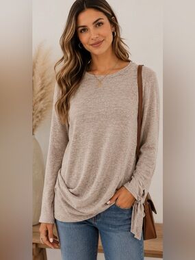 FAB’RIK BEIGE LIGHTWEIGHT KNIT SWEATER TIE SLEEVE LONG SLEEVE TOP SIZE S SOFT